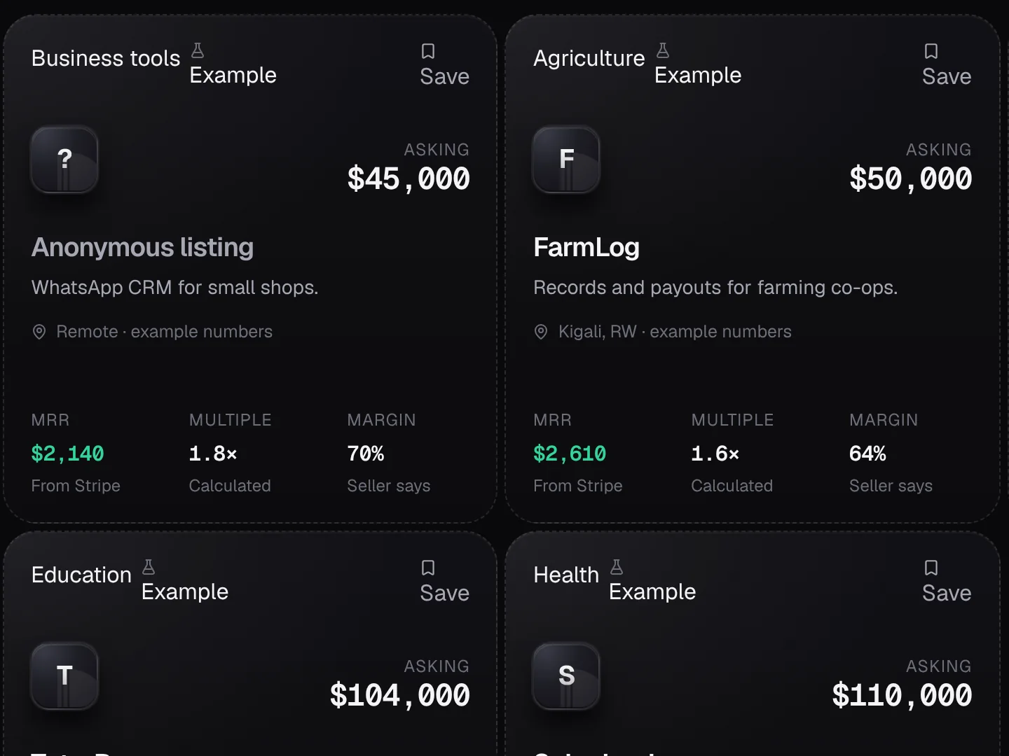 Example listings on Prow's For sale page, each with its asking price and revenue from Stripe.