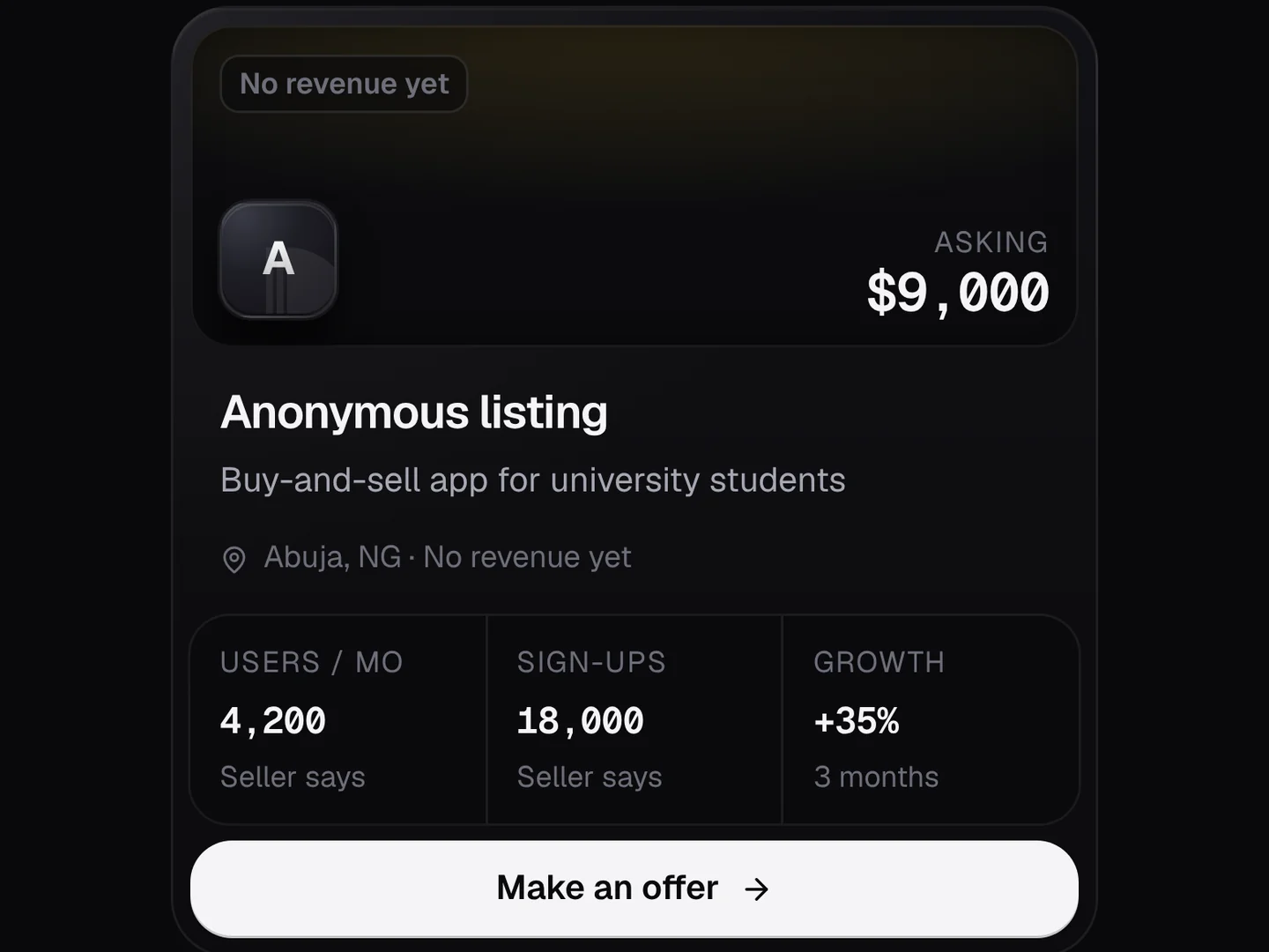 A Prow listing preview for a project with no revenue, showing monthly users, sign-ups and growth.